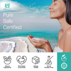 JUMAN Dead Sea Leave-In Conditioner ingredients panel featuring aloe, chamomile, argan oil.