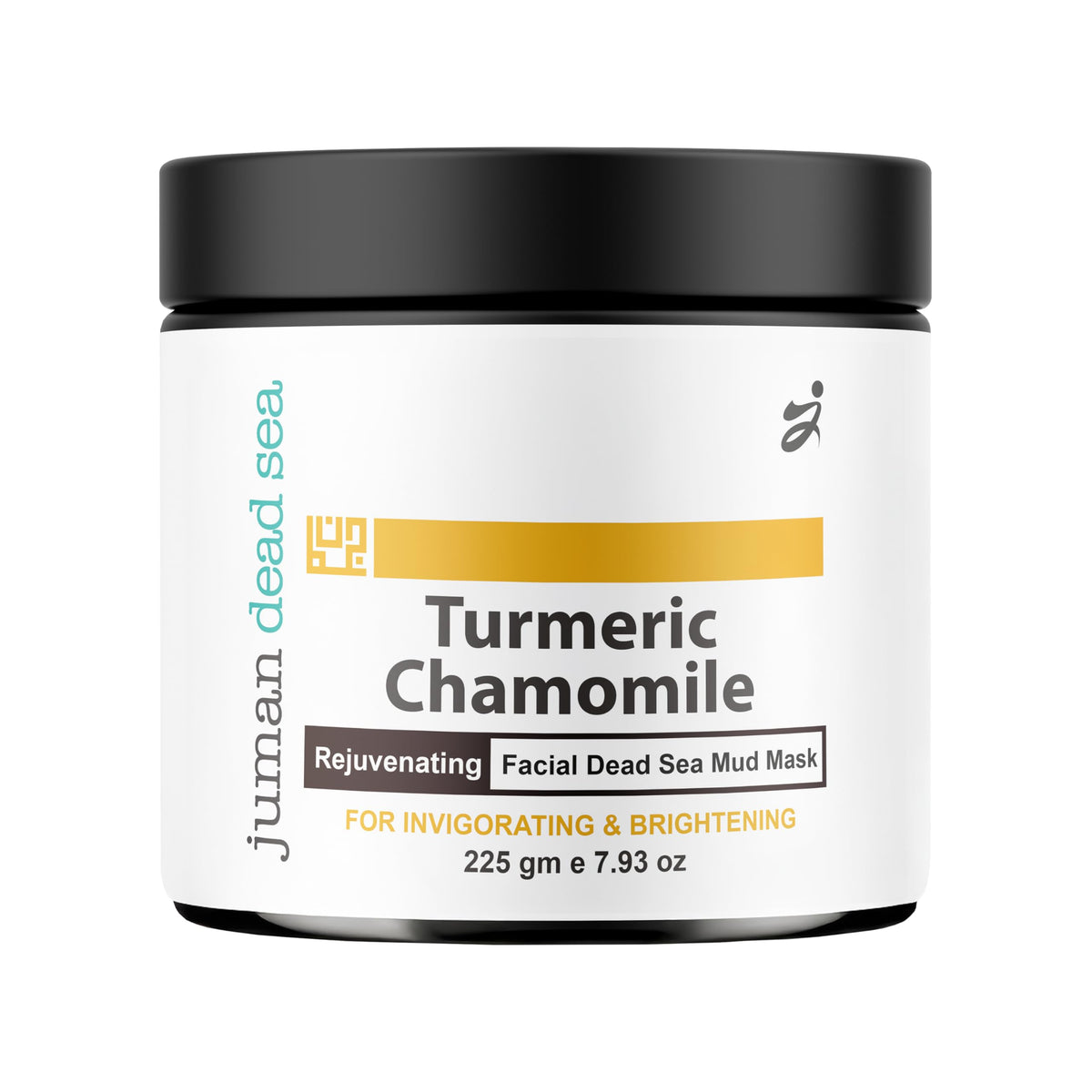 JUMAN Dead Sea Minerals Turmeric Chamomile face mask in a jar promotes soothing skin and gentle brightening.