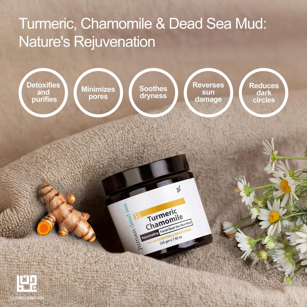 JUMAN face mask close-up with turmeric and chamomile ingredients implies natural skin support.
