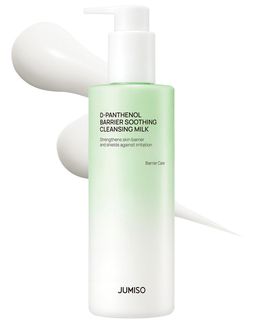JUMISO D-Panthenol cleansing milk bottle pour highlights quick sunscreen removal