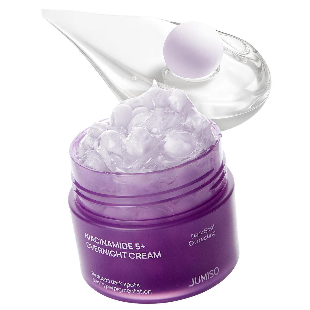 JUMISO Niacinamide 5+ Overnight Capsule Cream in jar with capsules ready to melt for glow