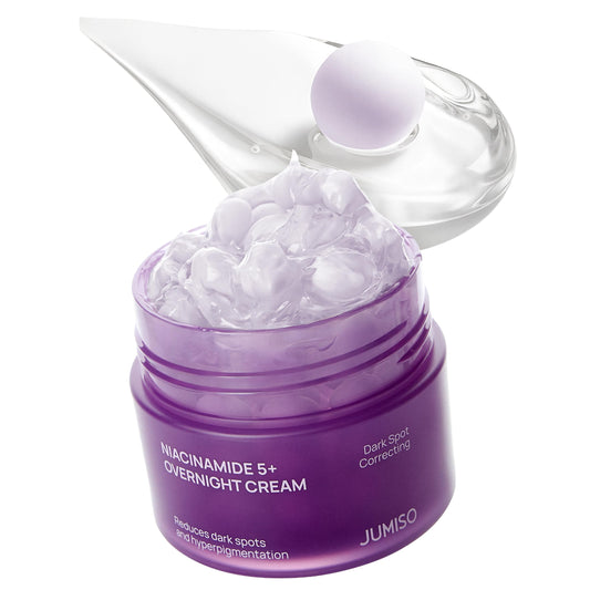 JUMISO Niacinamide 5+ Overnight Capsule Cream in jar with capsules ready to melt for glow