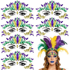 JUNEBRUSHS Mardi Gras face jewels 6 sheets collection for festive makeup and DIY creativity