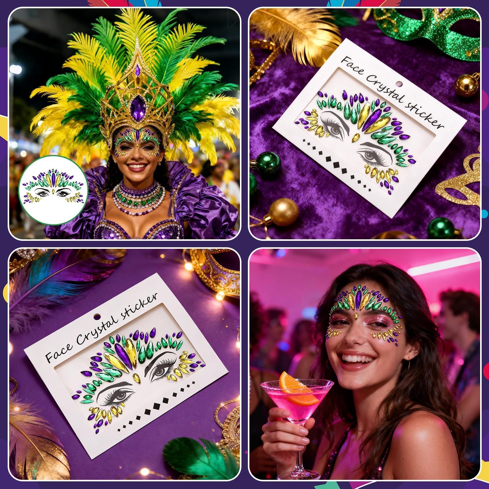 JUNEBRUSHS festival-ready look with JUNEBRUSHS Mardi Gras jewels for women