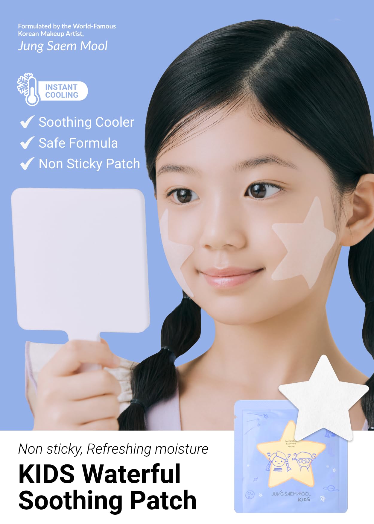 Jung Saem Mool Kids Waterful Patch Star applied on cheek for soothing hydration