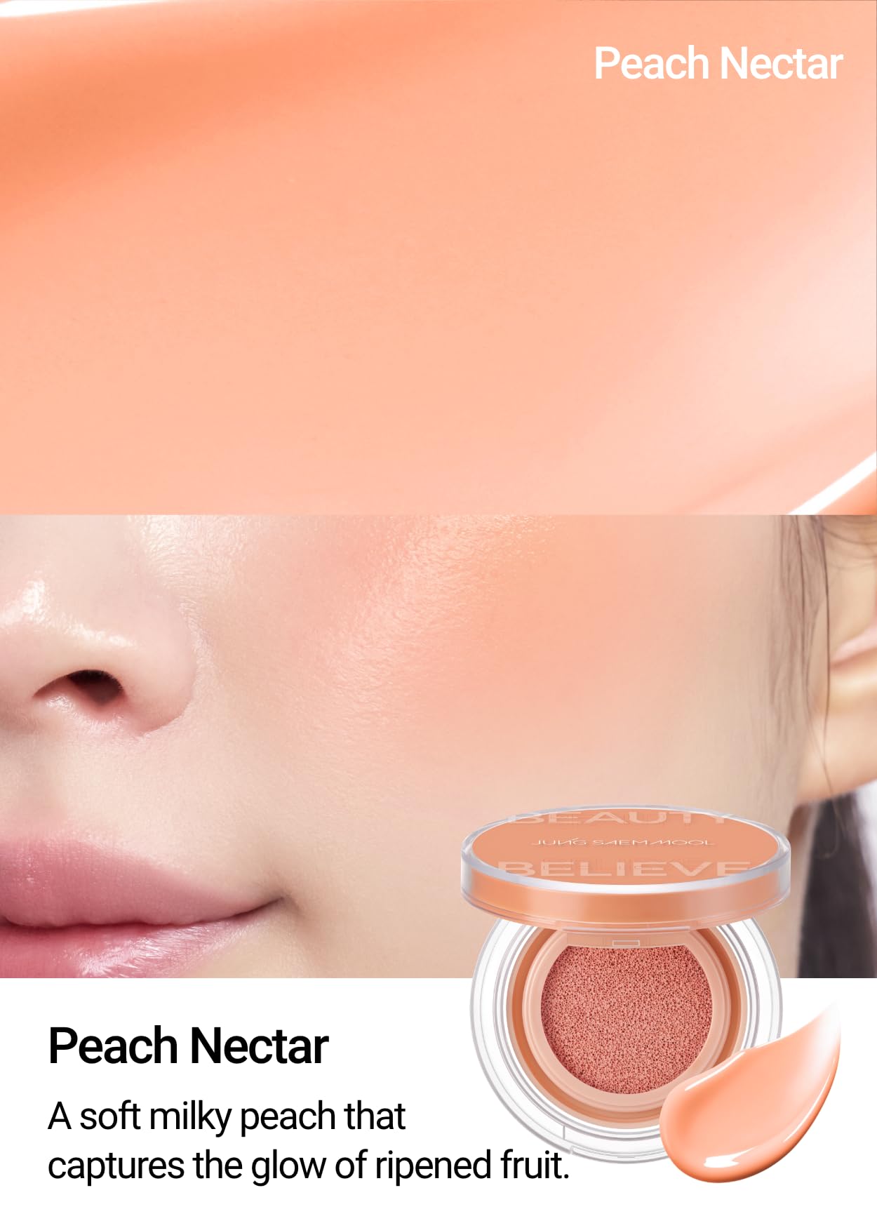 Swirl on cheek demonstrates translucent glow and natural radiance from cushion blush.