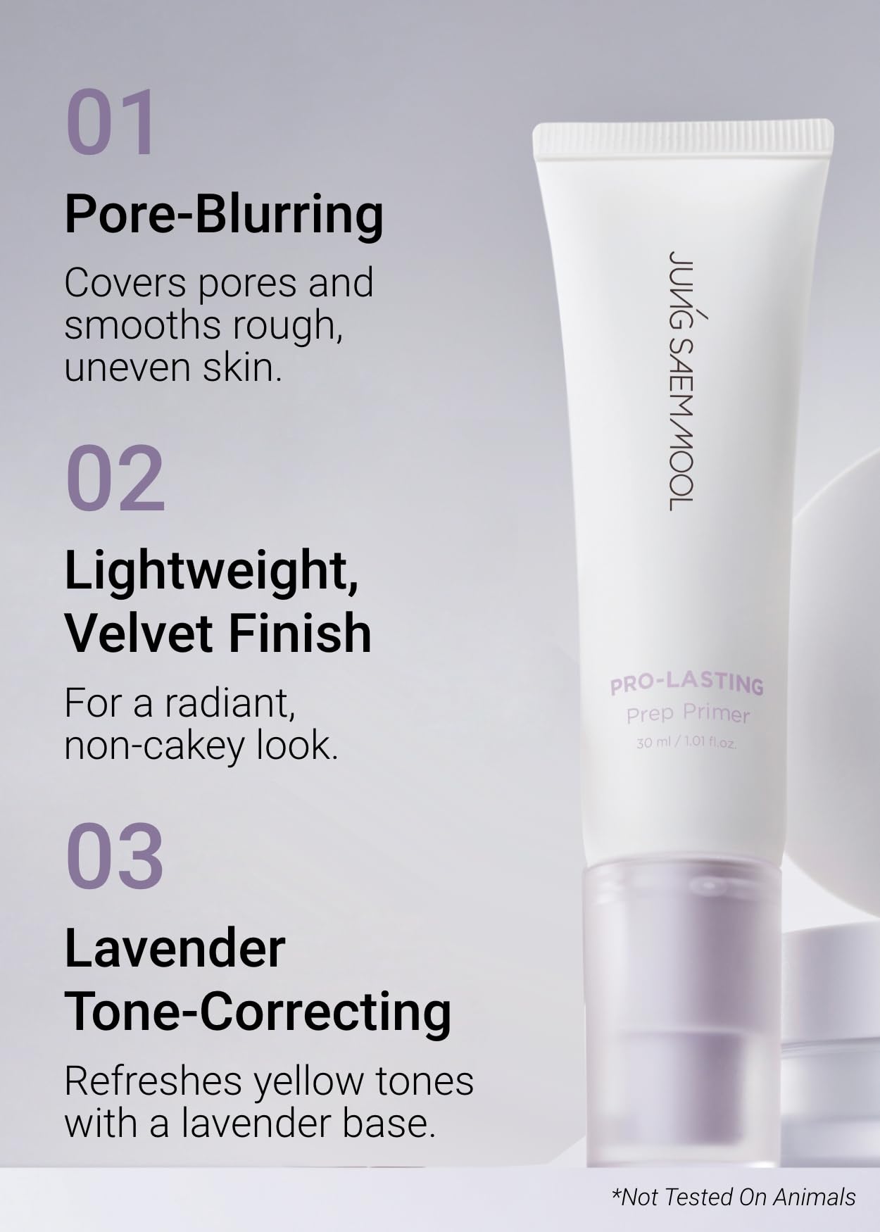 Jungsaemool Pro-Lasting Primer Bare Lavender pump bottle enables easy application.