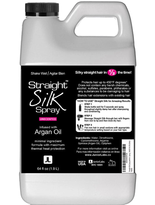 JuniorLabs Straight Silk Spray bottle displaying heat protection claim.
