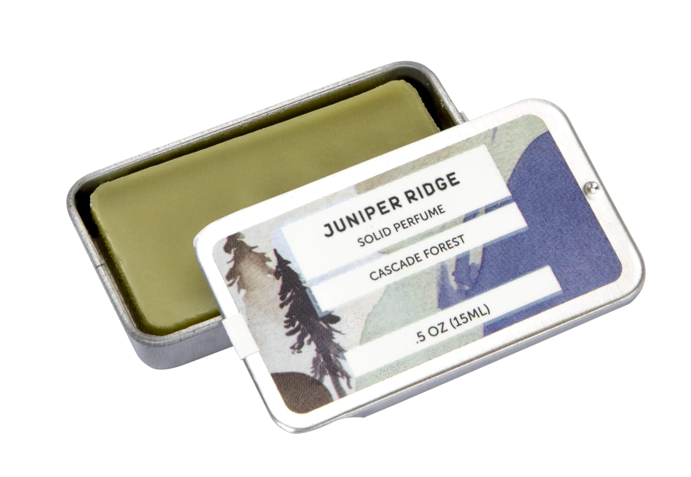 Juniper Ridge Cascade Forest solid perfume bottle with crisp woodsy aroma.