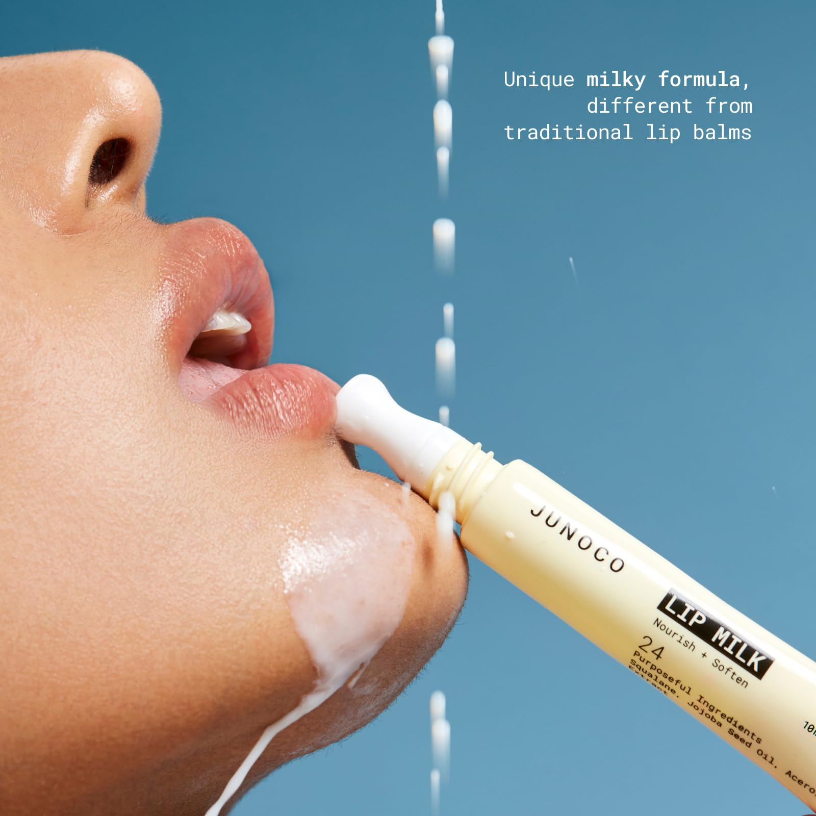 Beads with jojoba oil melting into lips in JUNO & Co. Lip Milk