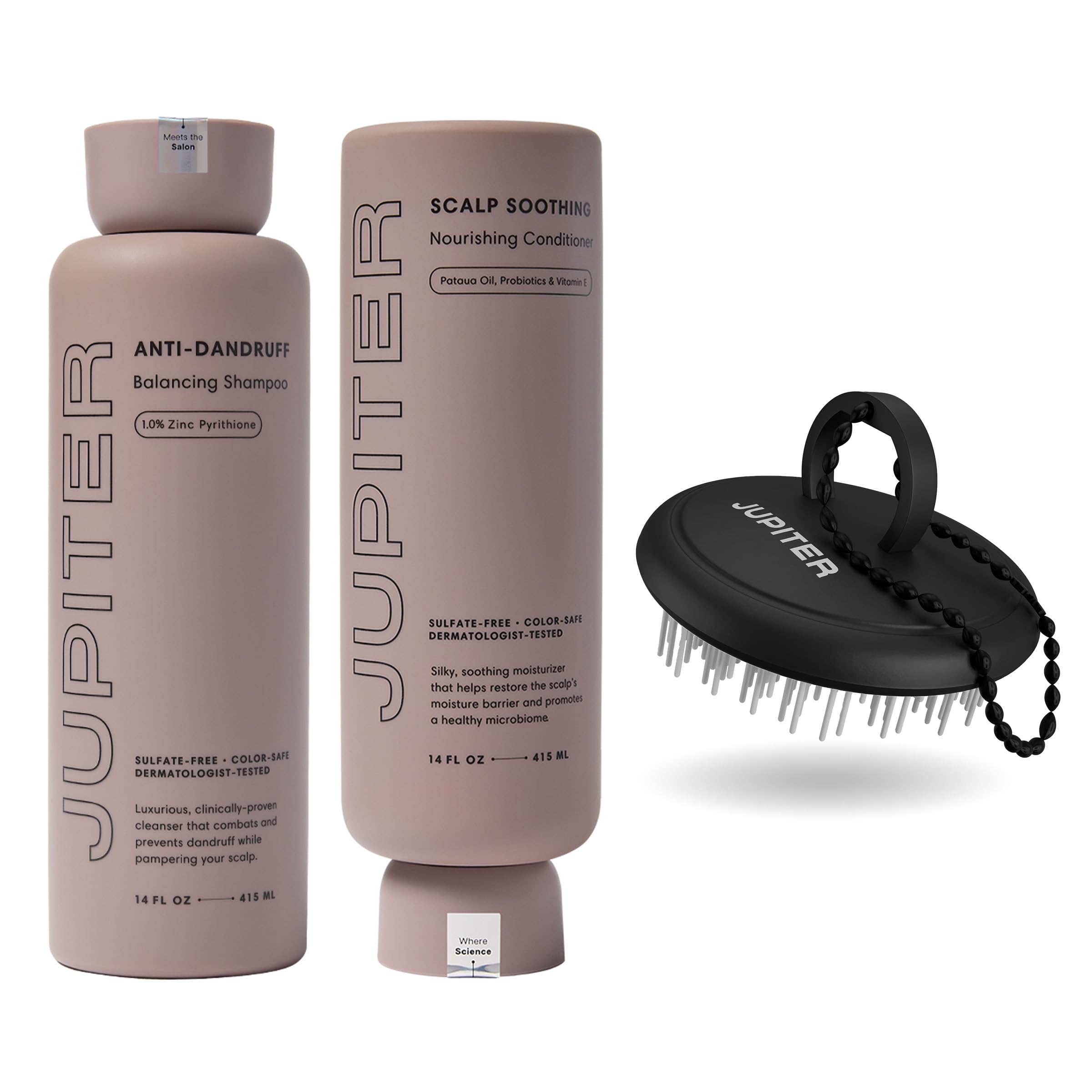 Jupiter anti dandruff shampoo bottle on shelf, hinting at a clean, flake-free scalp