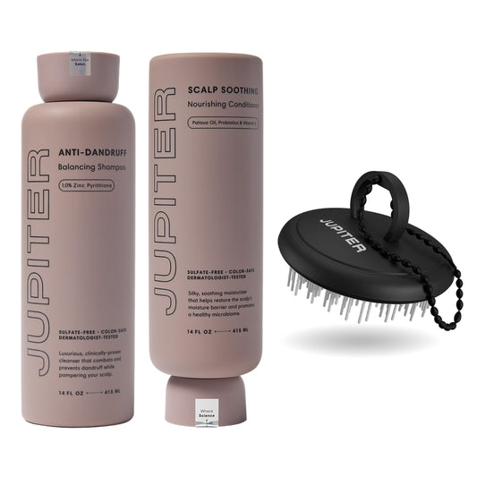 Jupiter anti dandruff shampoo bottle on shelf, hinting at a clean, flake-free scalp