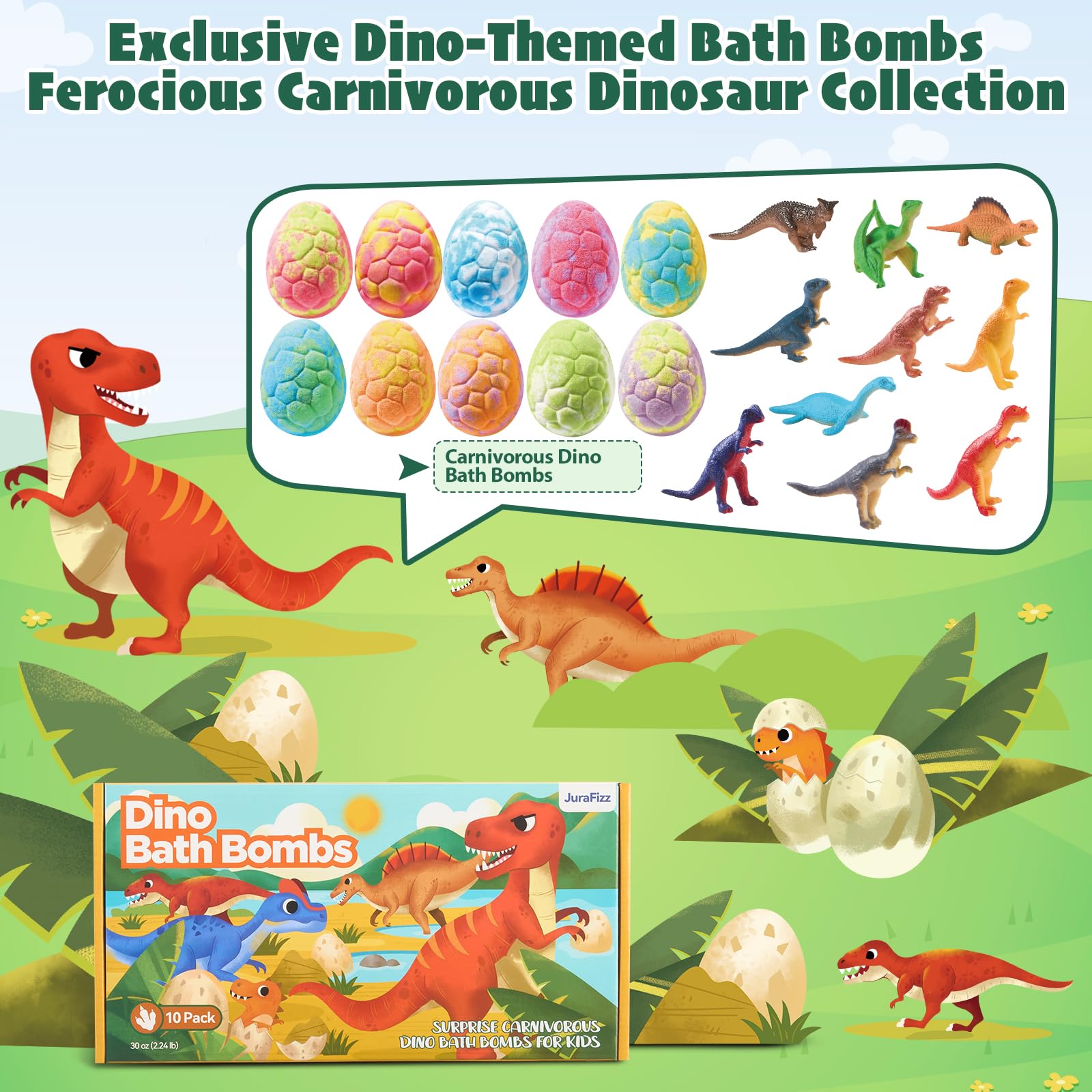 JuraFizz 10-pack bath bombs dissolve to colorful swirls and inviting scents.