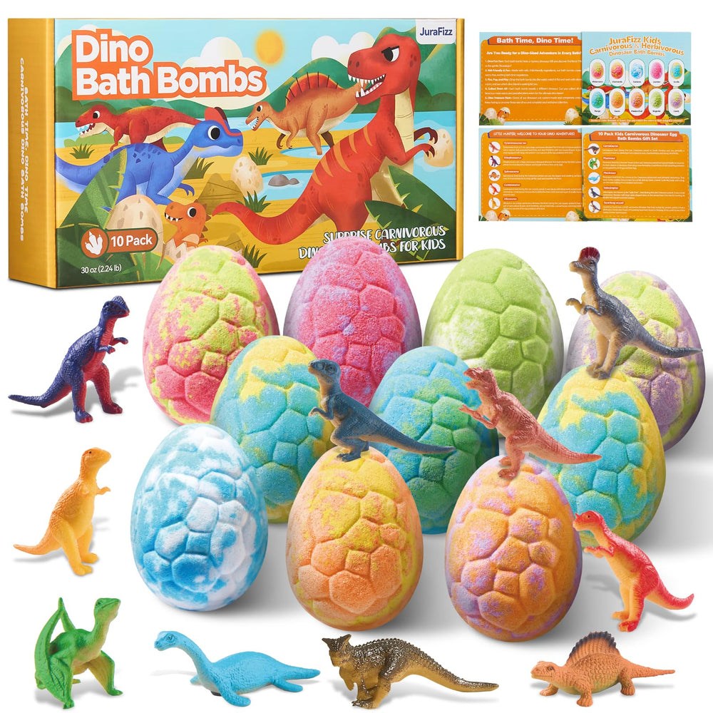 JuraFizz dinosaur bath bombs reveal a surprise toy inside for fun bath time.