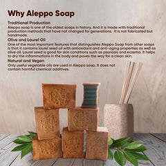 JUSIZA Aleppo Soap laurel-oil-olive-oil bar highlighting traditional production.