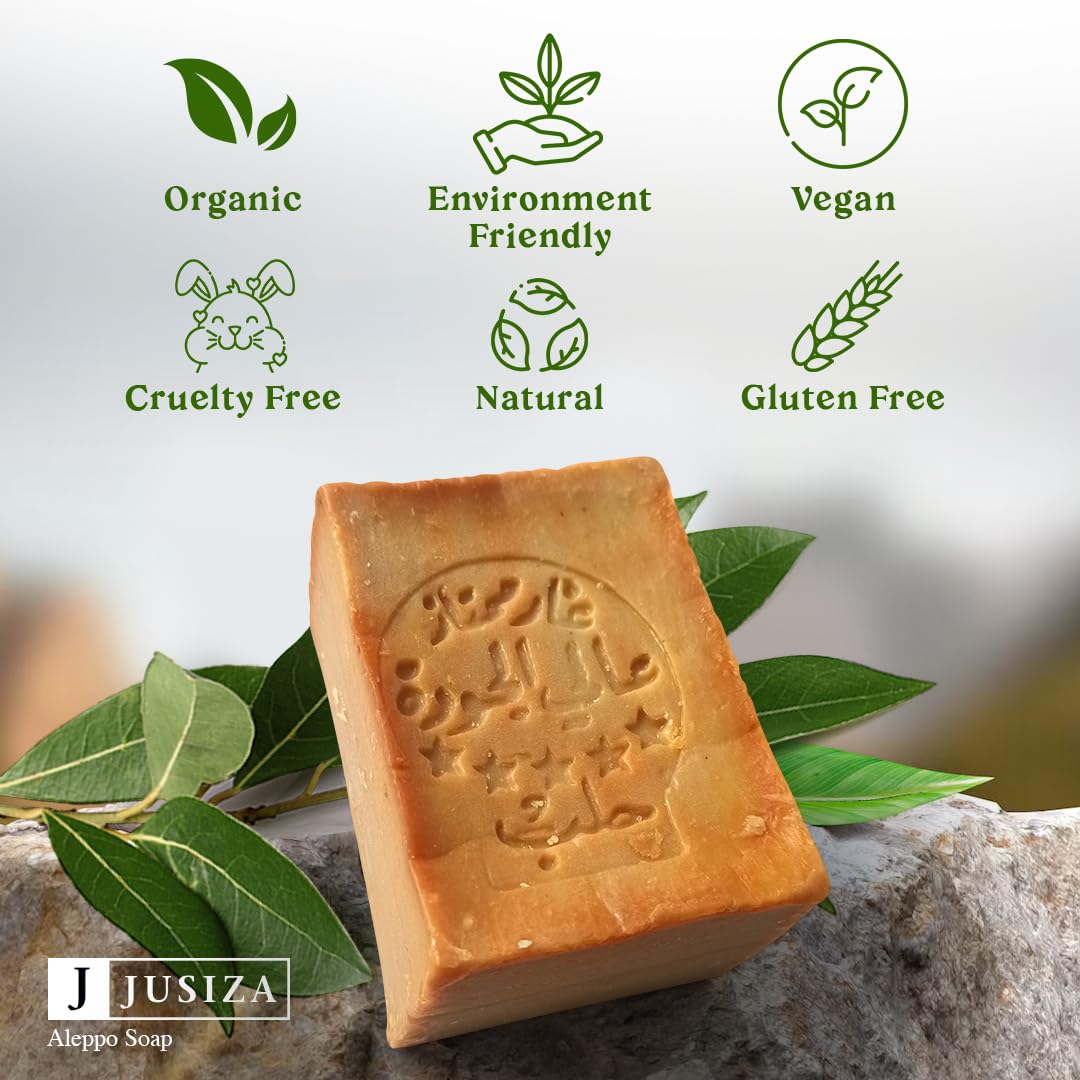 JUSIZA Aleppo Soap no-additives formula emphasizes purity and natural ingredients.