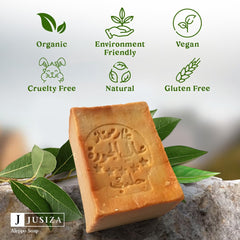 JUSIZA Aleppo Soap no-additives formula emphasizes purity and natural ingredients.