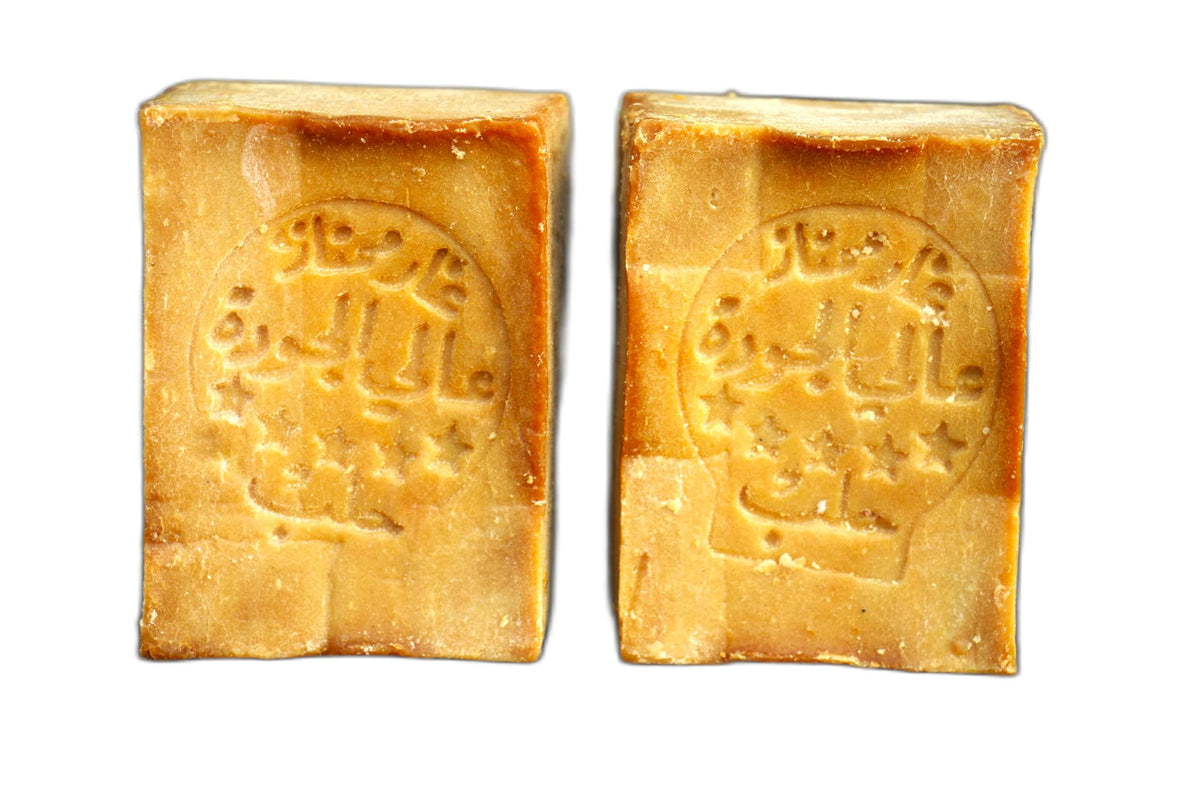 JUSIZA Aleppo Soap two-pack with olive and laurel oils for moisturized skin.