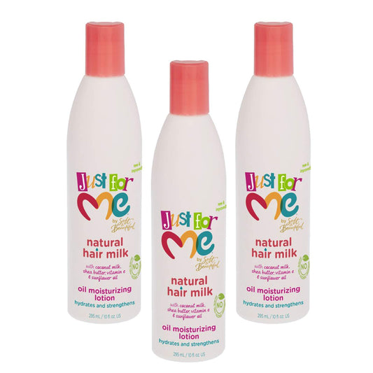 Just For Me Natural Hair Milk Lotion bottle pour offers lightweight hydration for curls.