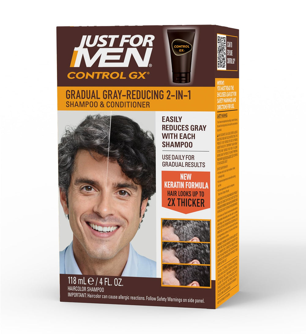 Just For Men Control GX bottle front view showing gradual grey reduction.