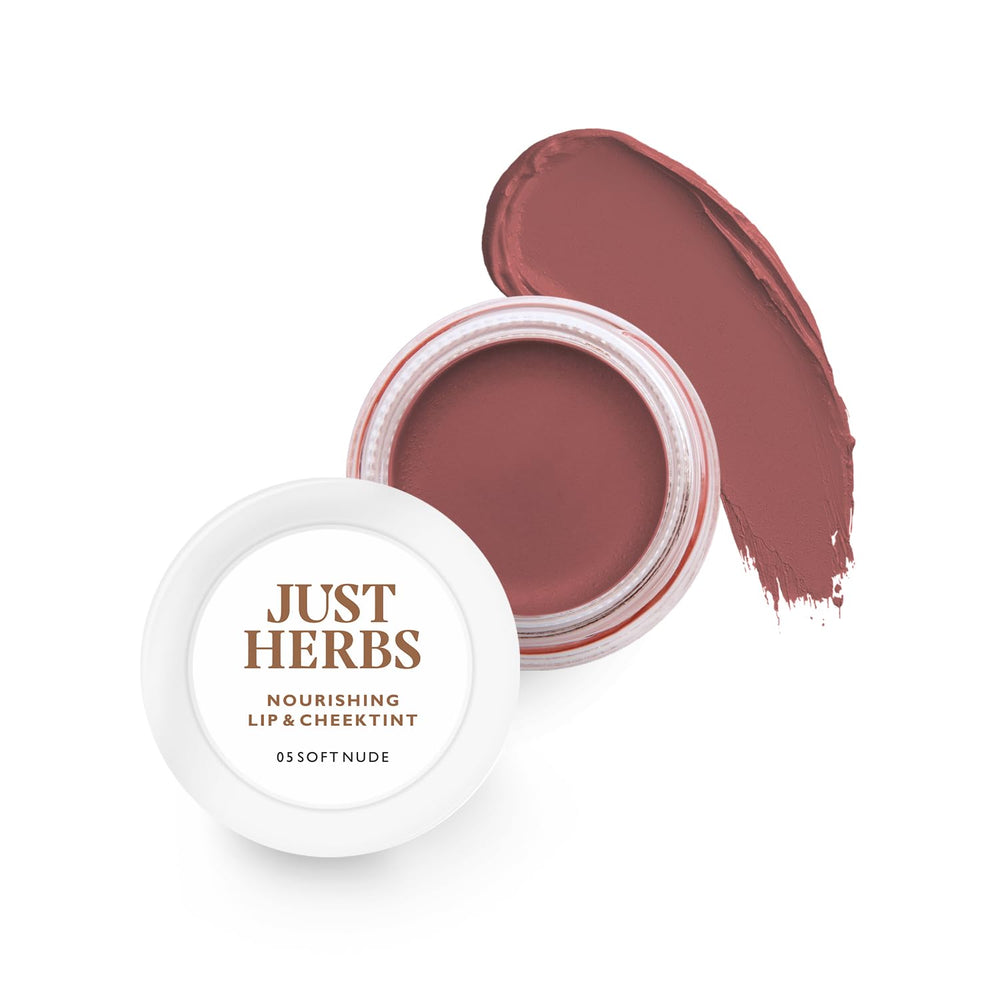 Just Herbs 3-in-1 tint in Soft Nude on lips for natural, hydrating color.