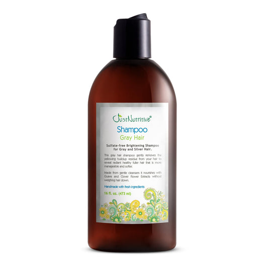 Just Nutritive gray hair shampoo bottle showing gentle formula that reduces brassiness