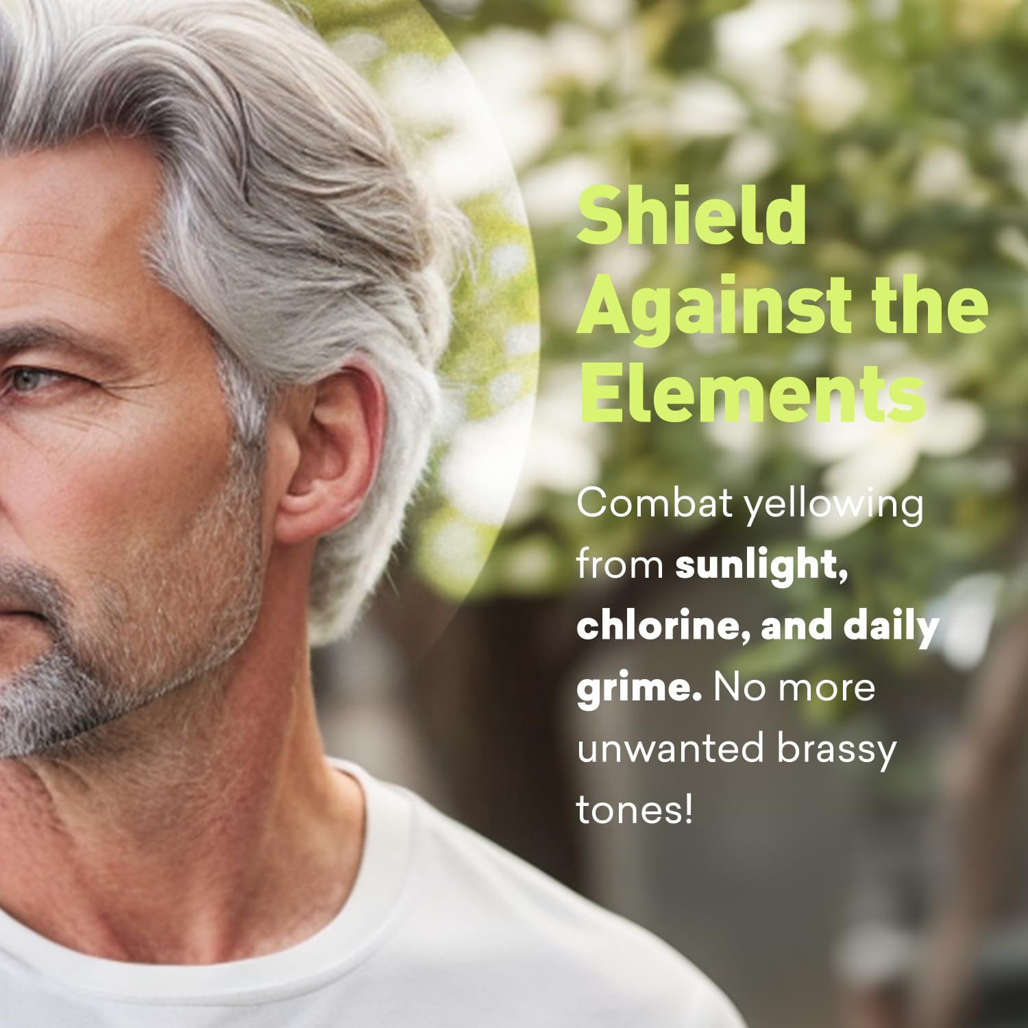 Just Nutritive gray hair shampoo combats yellowing from sun and environment