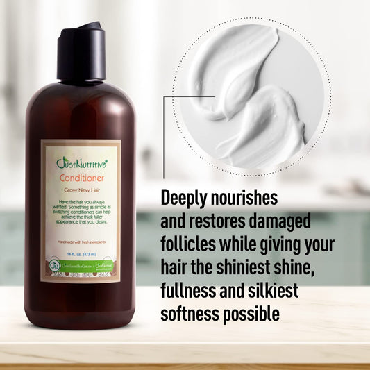 Just Nutritive Grow New Hair Conditioner ingredients close-up: jojoba, olive, coconut