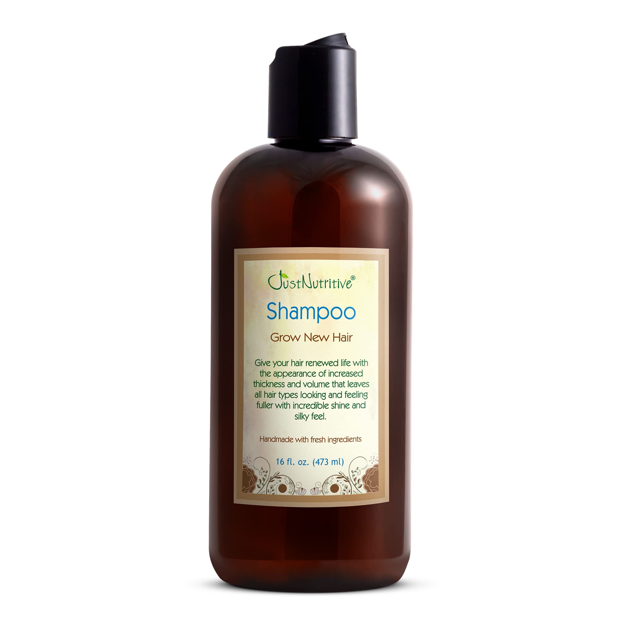 Just Nutritive Grow New Hair Shampoo bottle, pour shot, supports daily scalp nourishment