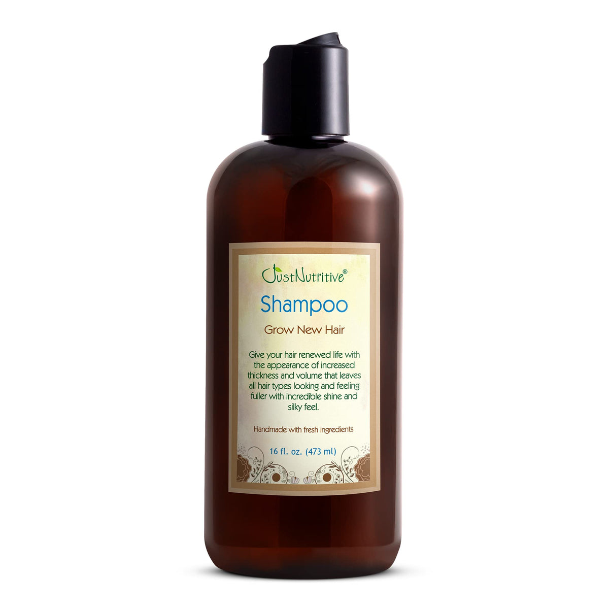 Just Nutritive Grow New Hair Shampoo bottle, pour shot, supports daily scalp nourishment