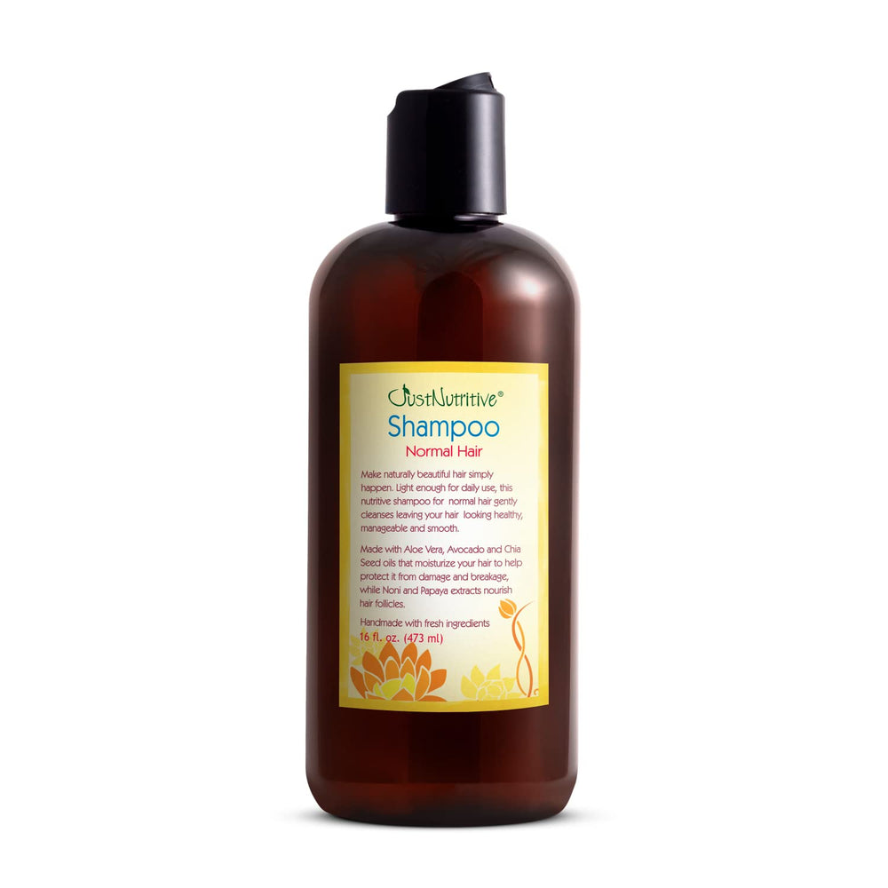 Just Nutritive normal hair shampoo bottle on shelf for healthy shine