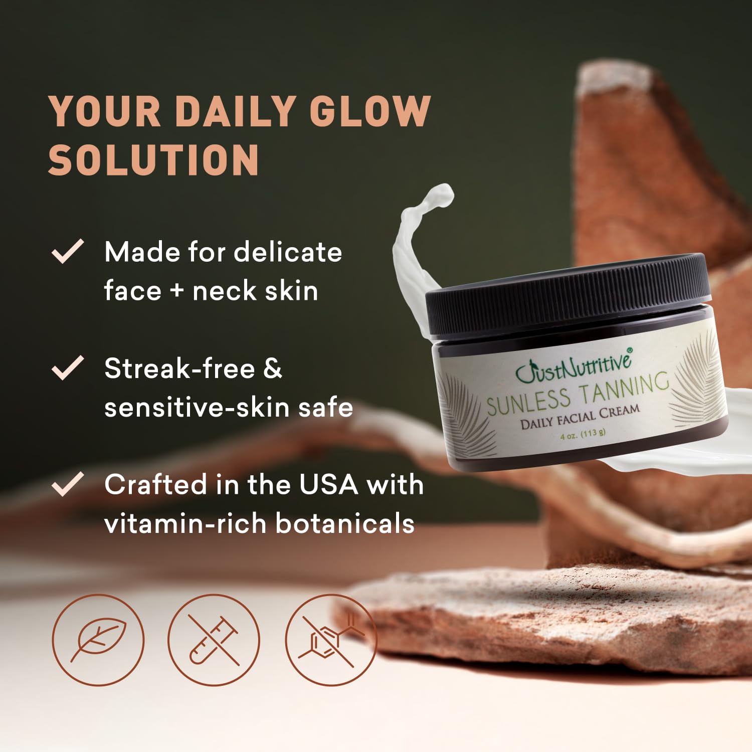 Just Nutritive sunless tanning daily facial cream texture closeup highlights creamy consistency for easy blending.