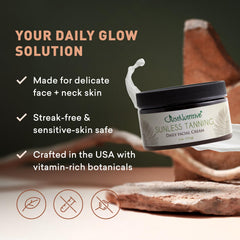 Just Nutritive sunless tanning daily facial cream texture closeup highlights creamy consistency for easy blending.
