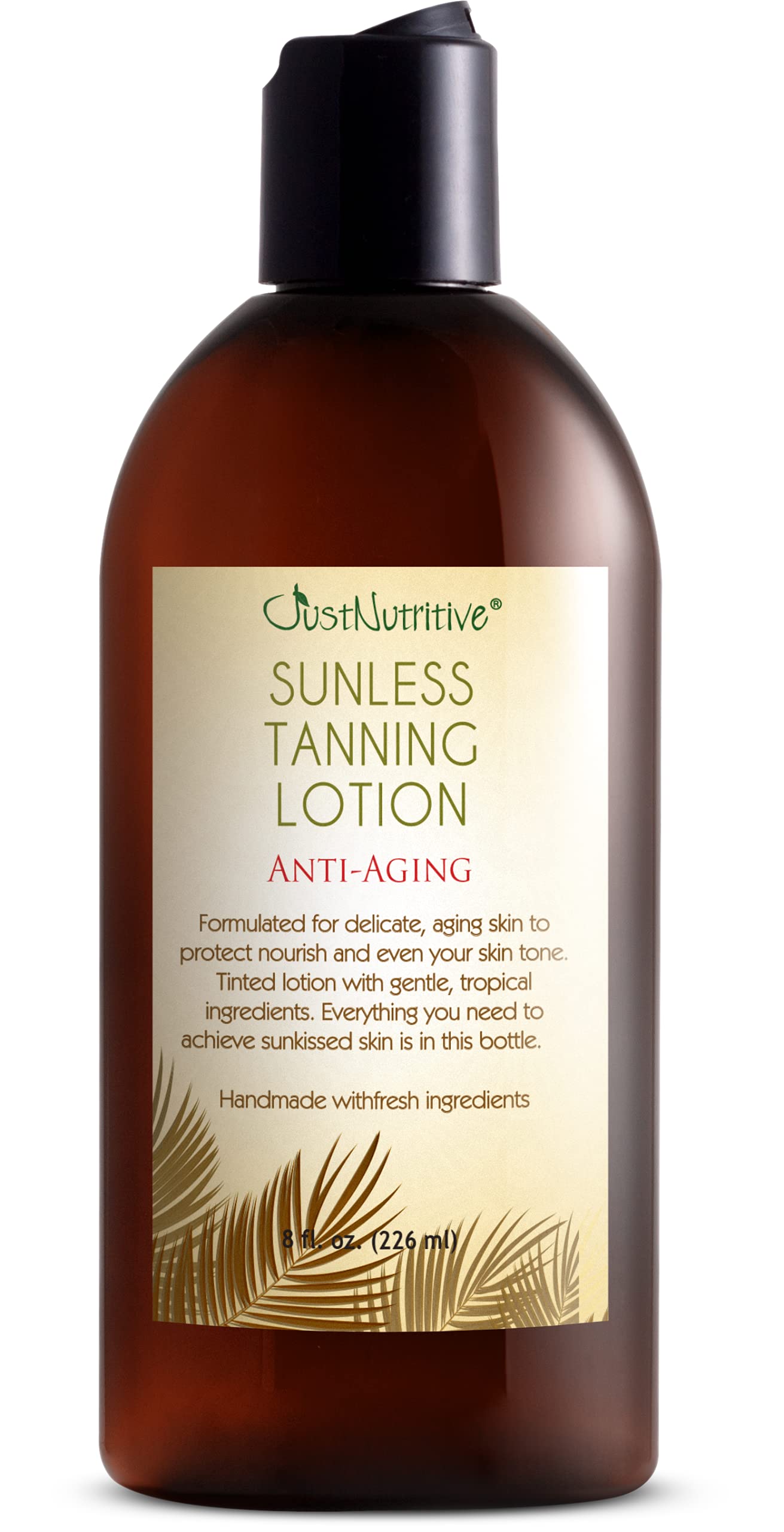 Just Nutritive sunless tanning lotion bottle demonstrates a ready-for-use bronzed glow
