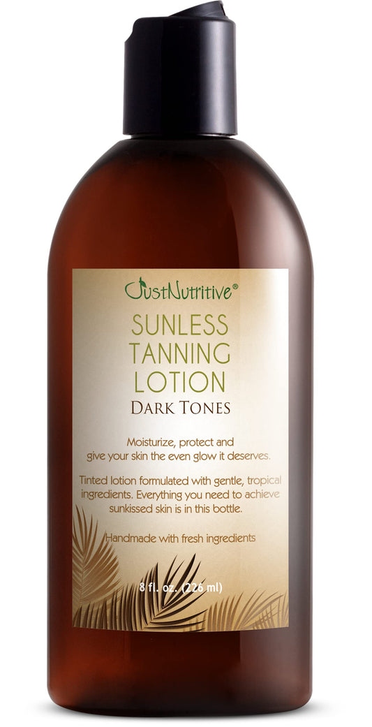 Just Nutritive Sunless Tanning Lotion Dark Tones bottle promotes a streak-free bronze glow