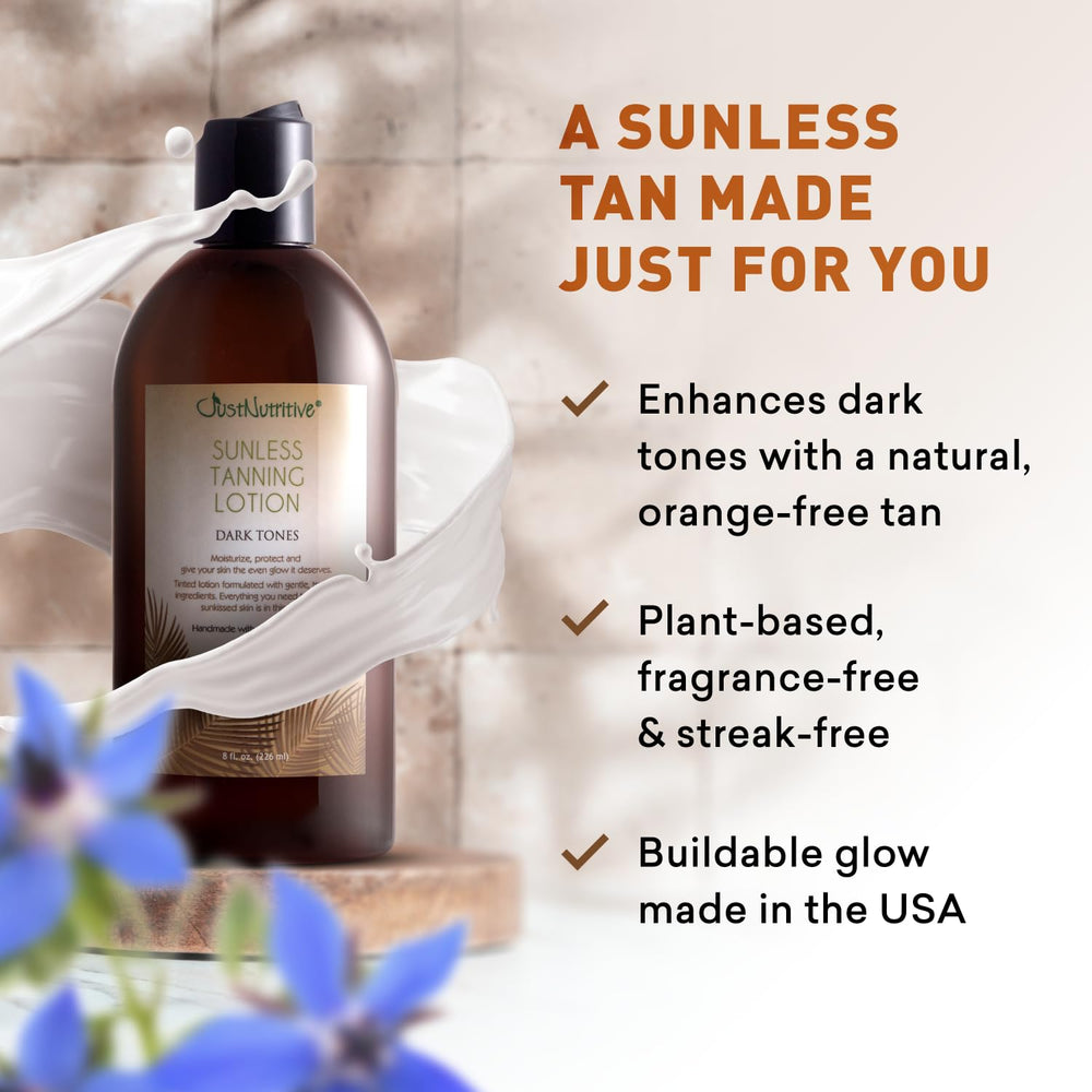 Just Nutritive Sunless Tanning Lotion Dark Tones bronzer closeup shows natural bronze finish