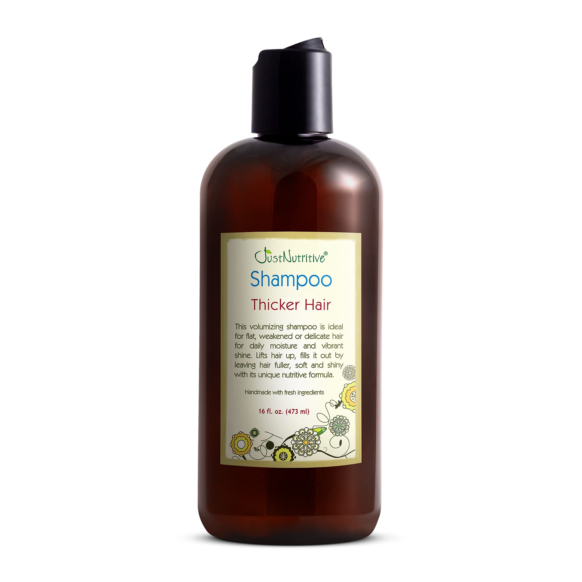 Just Nutritive Thicker Hair Shampoo bottle front view promotes fuller-looking hair
