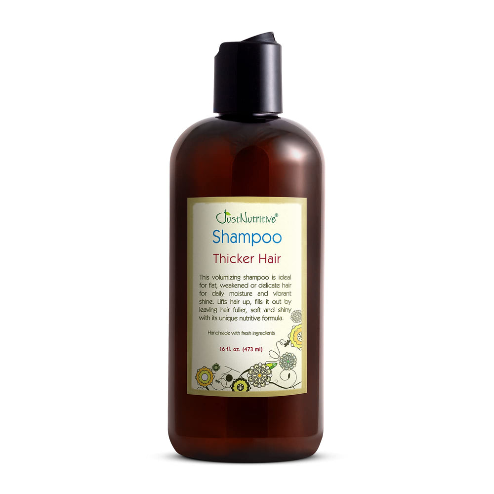 Just Nutritive Thicker Hair Shampoo bottle front view promotes fuller-looking hair