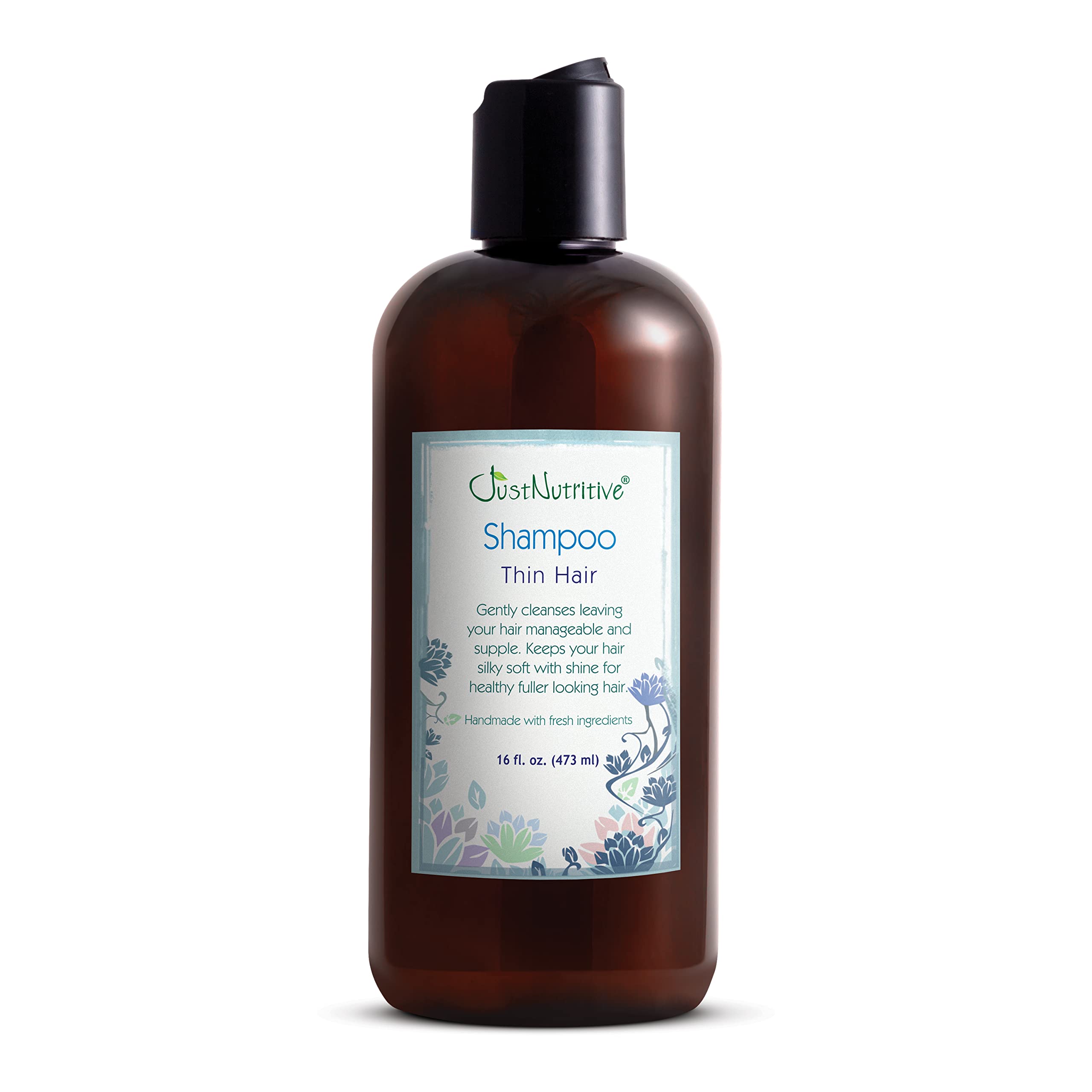Just Nutritive Thin Hair Shampoo bottle highlights a gentle formula for fuller-looking hair