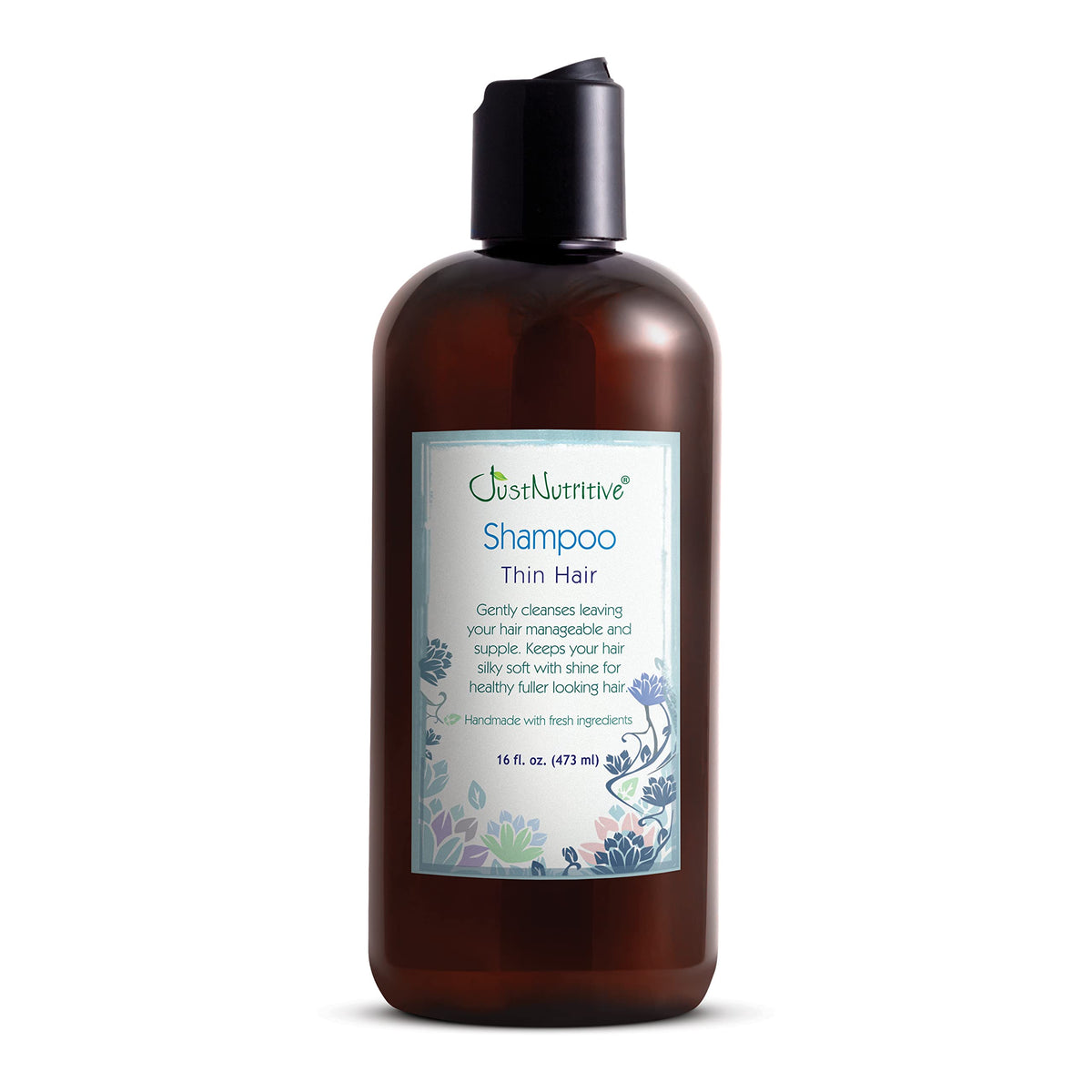 Just Nutritive Thin Hair Shampoo bottle highlights a gentle formula for fuller-looking hair