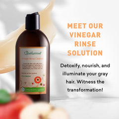 Just Nutritive Vinegar Rinse Cleanser bottle pouring for clean, balanced scalp.