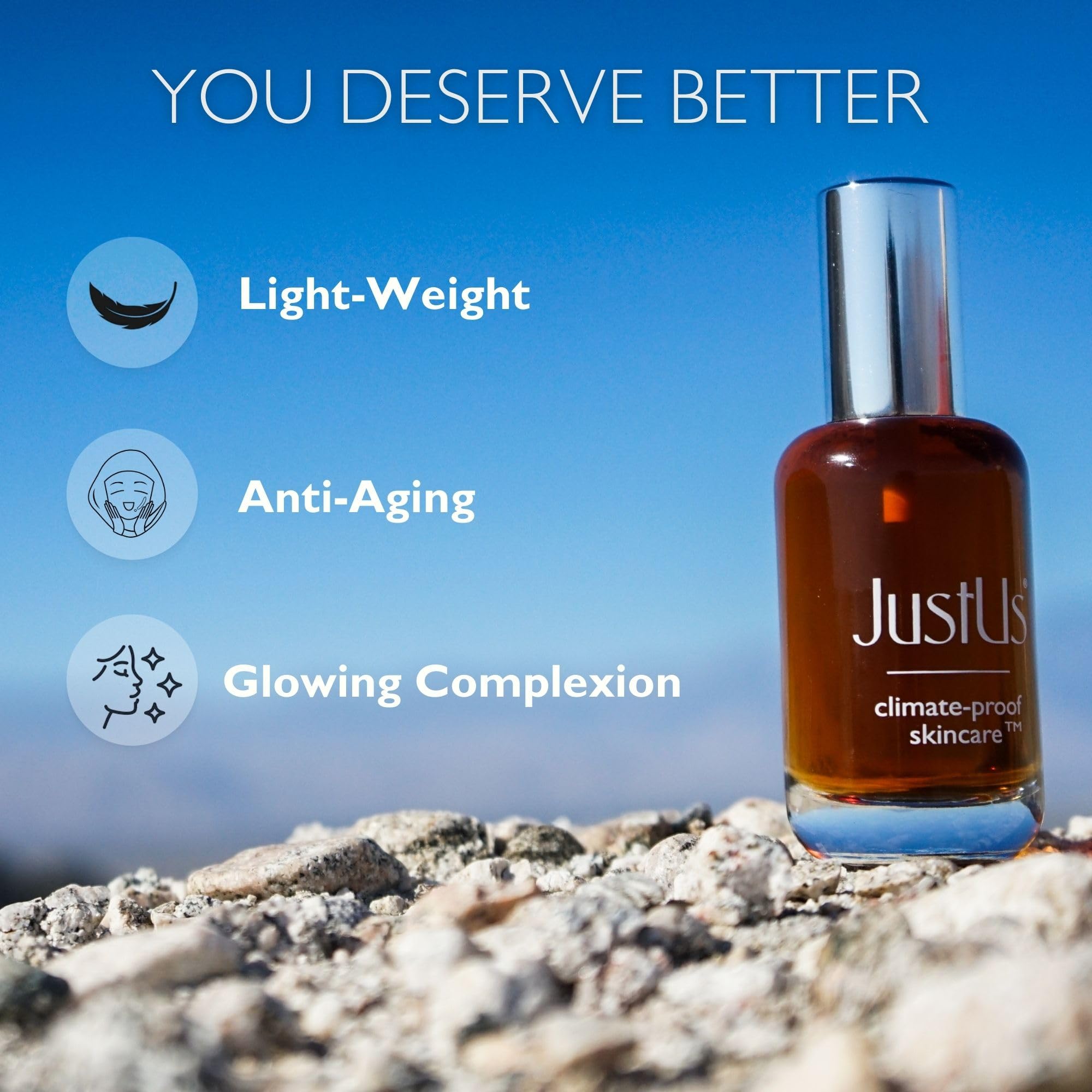 Just Us Tighten + Glow Serum Mist ingredients banner highlights neroli and niacinamide.