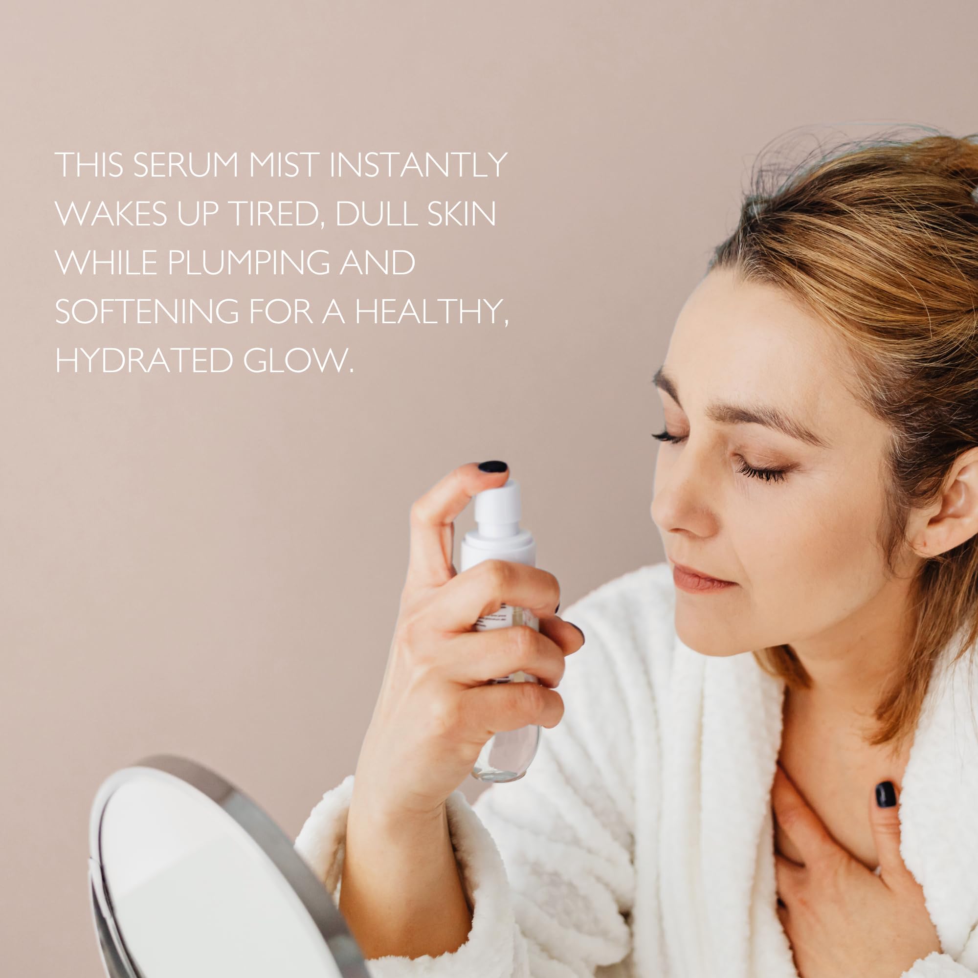 Just Us Tighten + Glow Serum Mist label close-up highlighting Argireline and botanicals.