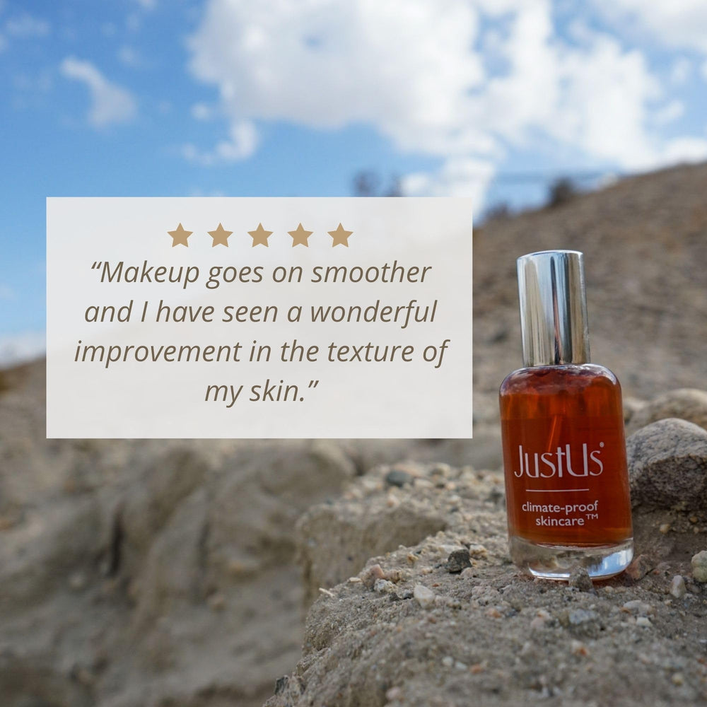 Just Us Tighten + Glow Serum Mist morning routine ready for daily use.