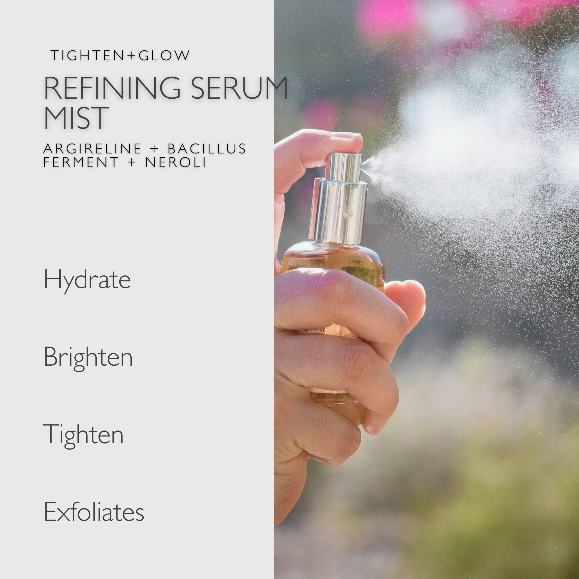 Just Us Tighten + Glow Serum Mist packaging emphasizes USA-made quality.