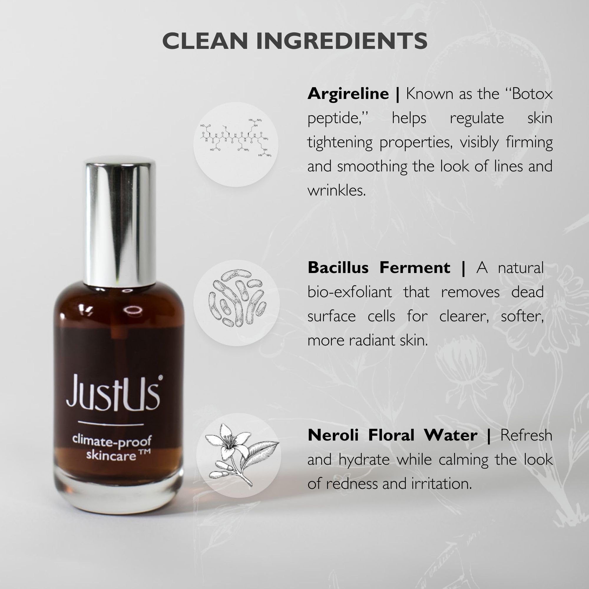 Just Us Tighten + Glow Serum Mist swatch on skin showing dewy hydration.