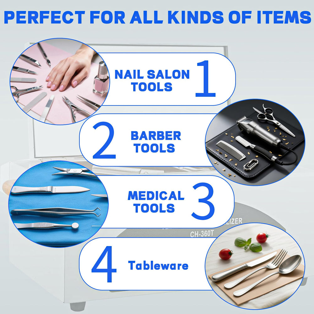 JUSTHERE sterilizer with nail and dental tools inside for comprehensive sanitization.