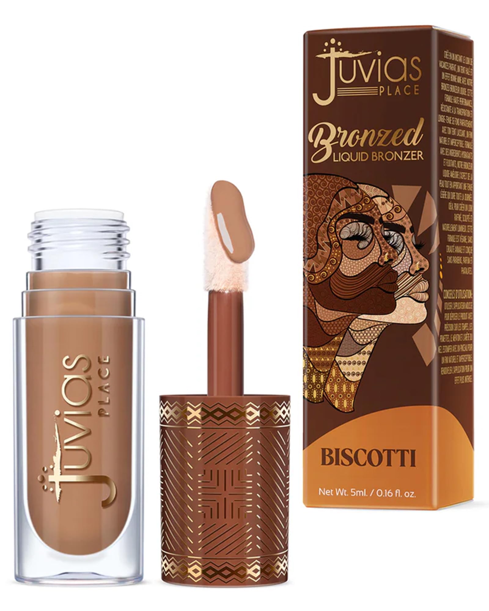 Juvia's Place Biscotti liquid bronzer bottle showing buildable warmth for contours.