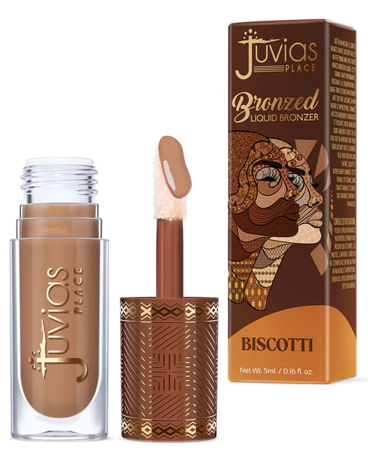 Juvia's Place Biscotti liquid bronzer bottle showing buildable warmth for contours.