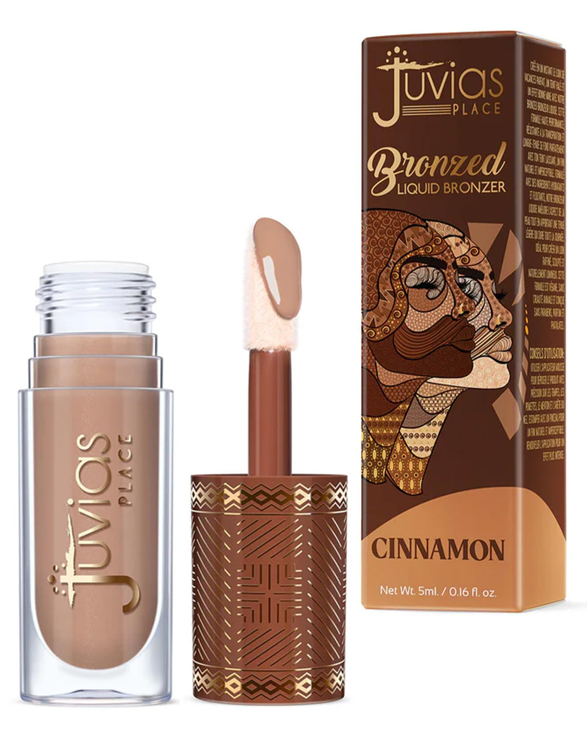 Juvia's Place Bronzed Liquid Bronzer Cinnamon bottle with applicator for quick, precise warmth.